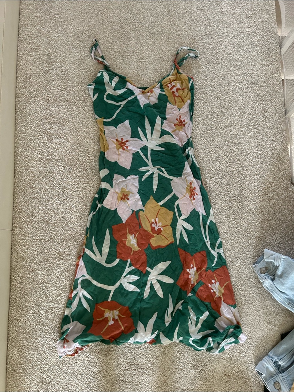 YIREH X MAHINA MADE XS Green Floral Midi Slip Dress with Spaghetti Straps